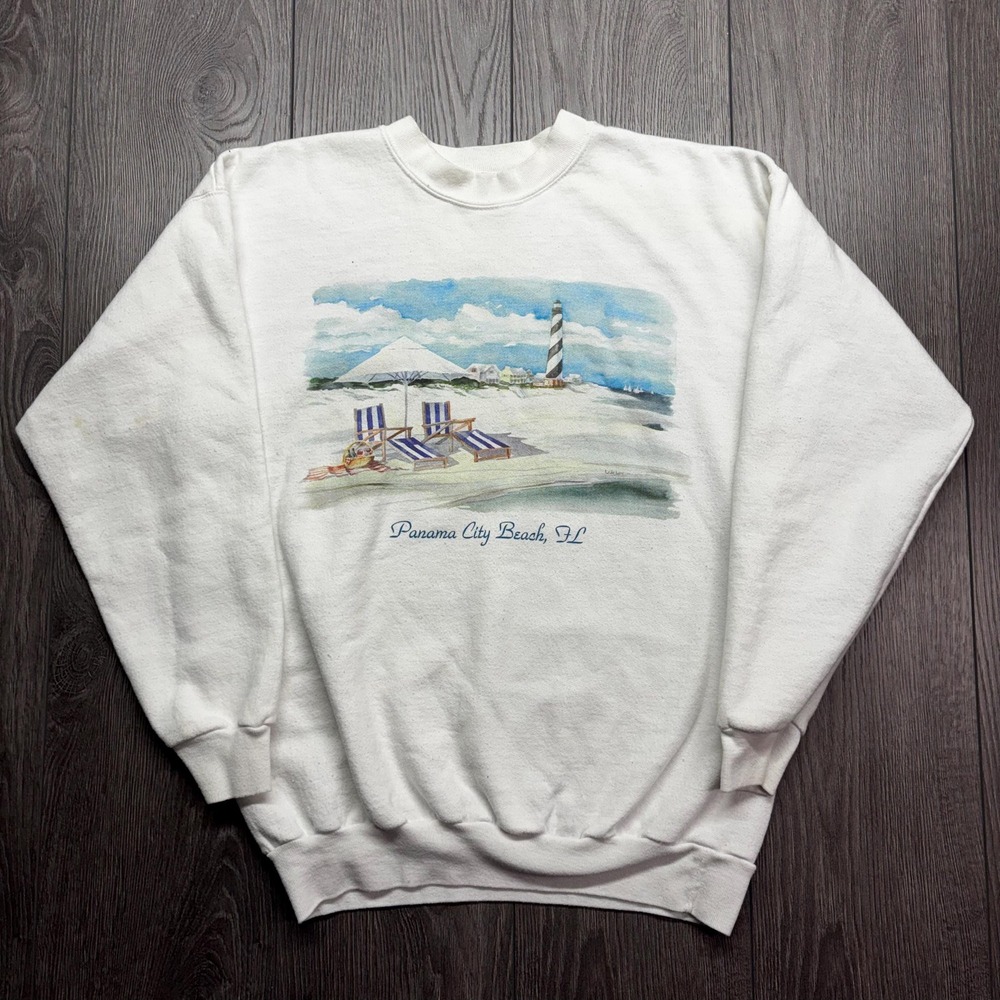 Vintage 1990s Panama Beach Florida Nature Sweatshirt Medium White Sweater